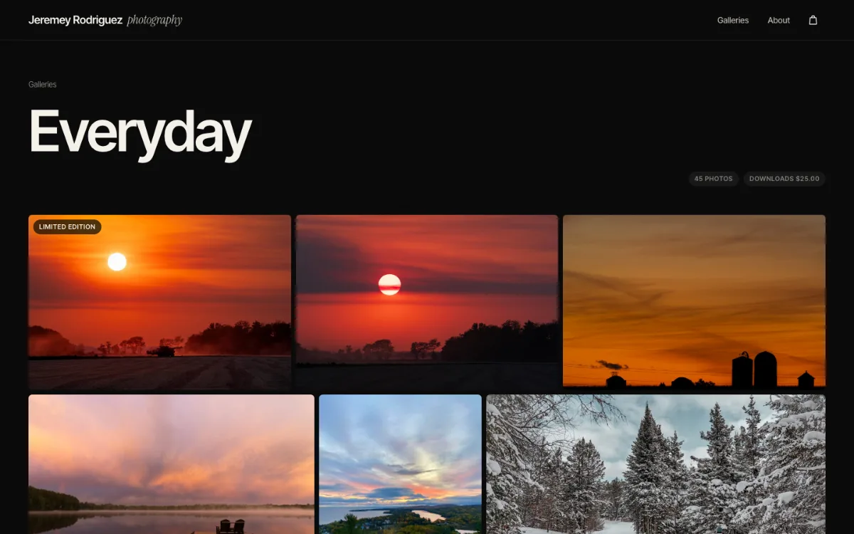 The Everyday album on jeremeyrodriguez.com: sunsets, a misty lake, and snowy pines in a justified grid